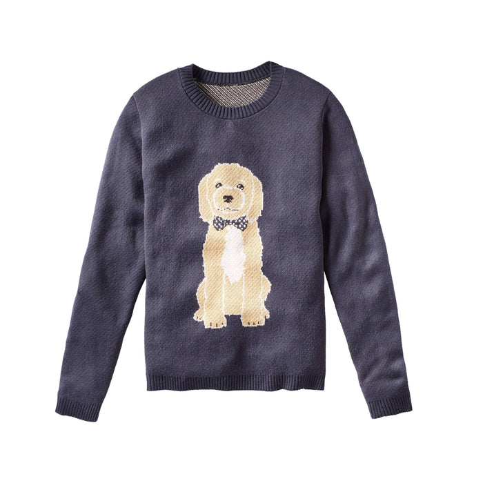 Navy knitted sweater with a dog in a bow tie on the front