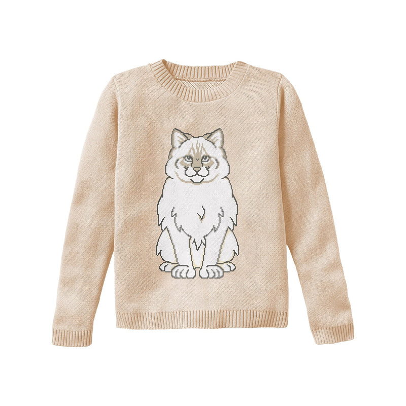 Cream knitted sweater with a cat's portrait on the front
