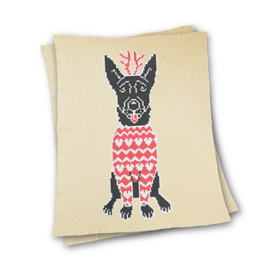 Dog wearing Sweater and Reindeer Ears - Custom Knitted Blanket