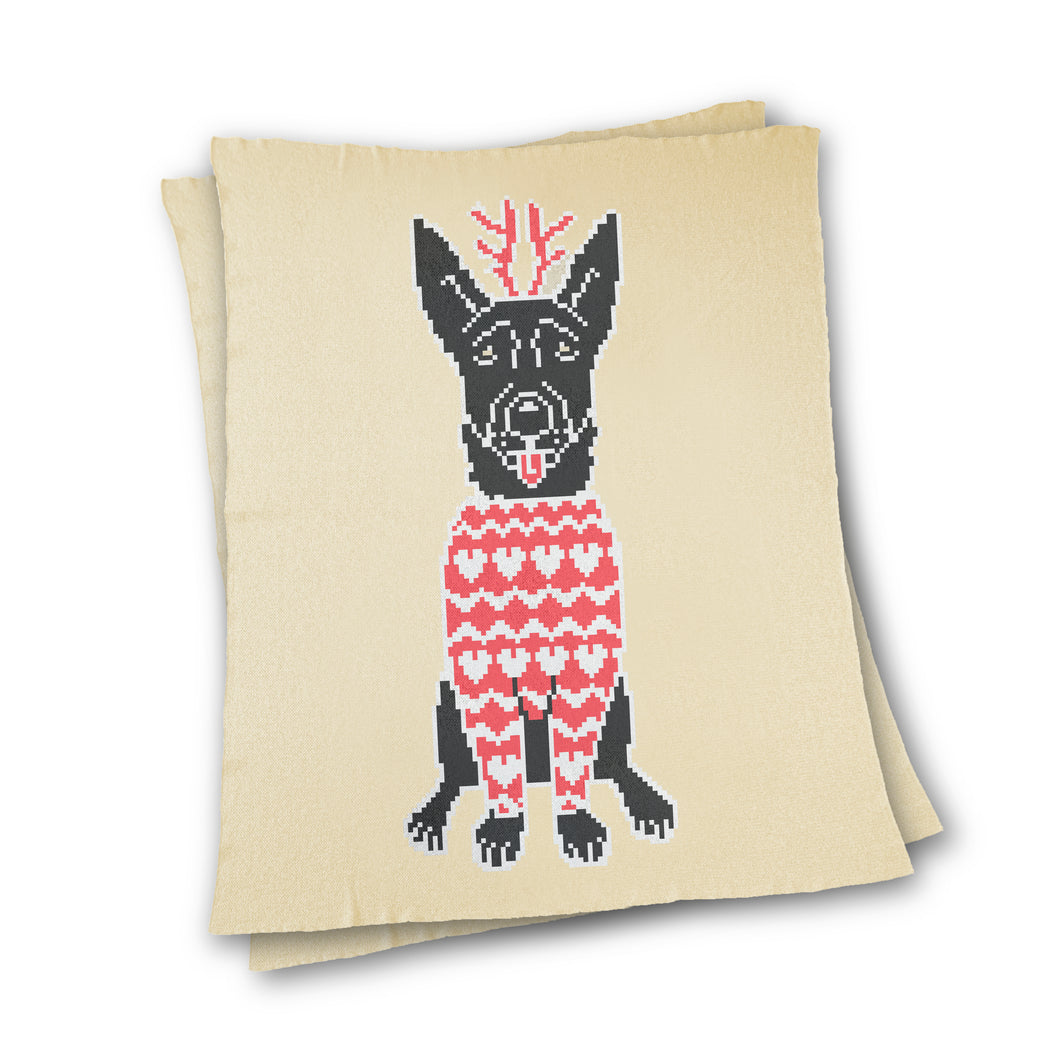 Dog wearing Sweater and Reindeer Ears - Custom Knitted Blanket