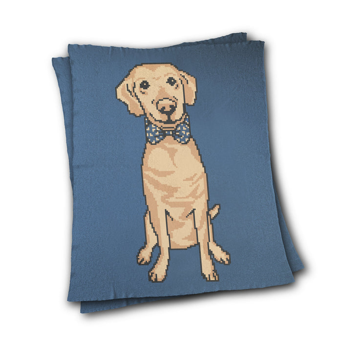 Navy knitted blanket featuring a dog in a bow tie